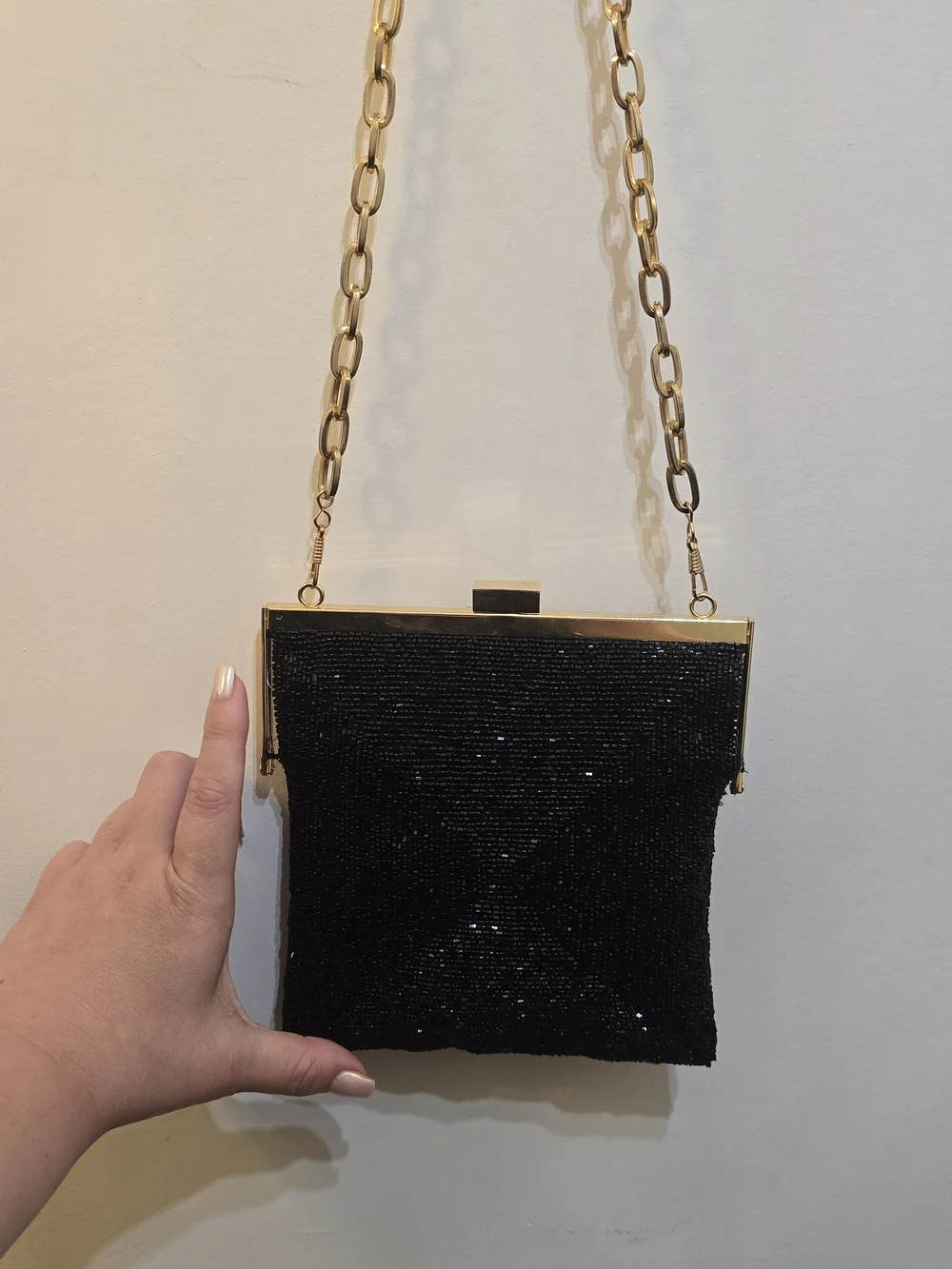 Sparkling Black Beaded Evening Clutch with Silver Chain